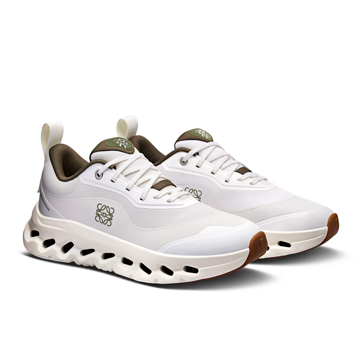 White sneakers with brown accents on a white background